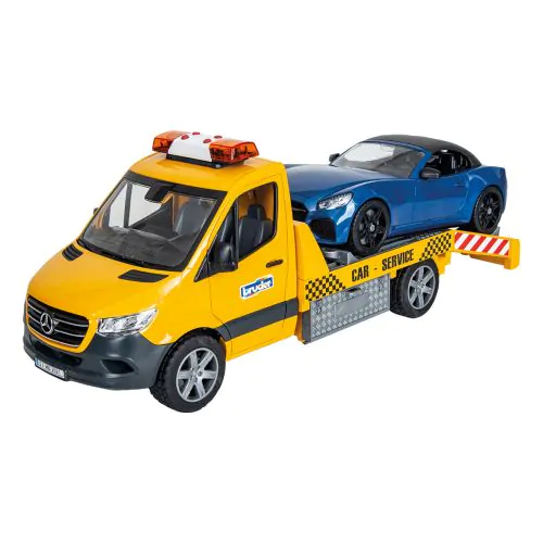 Leksak bärgningsbil MB sprinter, med blå bil på flaket